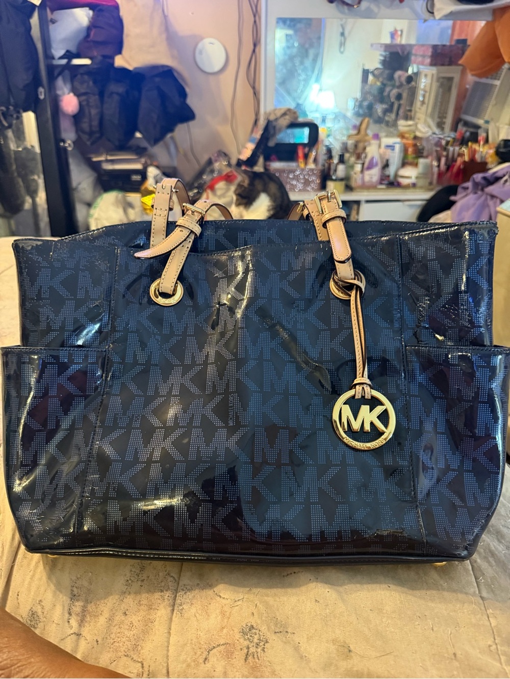 Michael Kors Navy Glossy MK Logo Tote with Tan Trim
